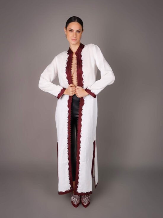 Caftan élégant en lin naturel - BLANC /BORDEAUX