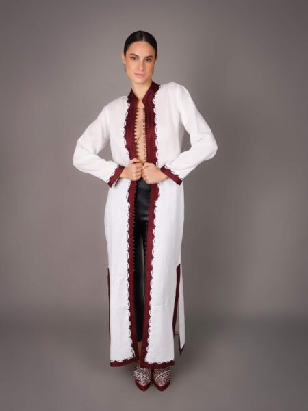 Elegant caftan in natural linen - WHITE Burgundy