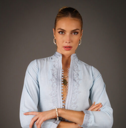 Maison Du Caftan Caftan Marocain CAFTAN LIN BLEU CIEL HIPPI 2 4