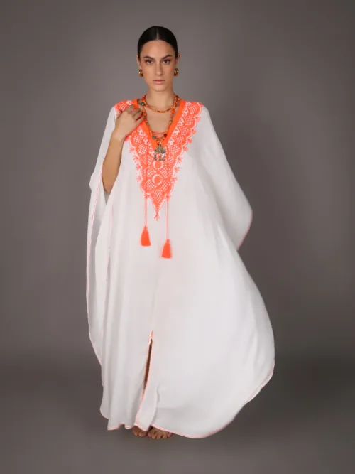 Maison Du Caftan Caftan Marocain CAFTAN COTTON BLANC ORANGE AMARA 7