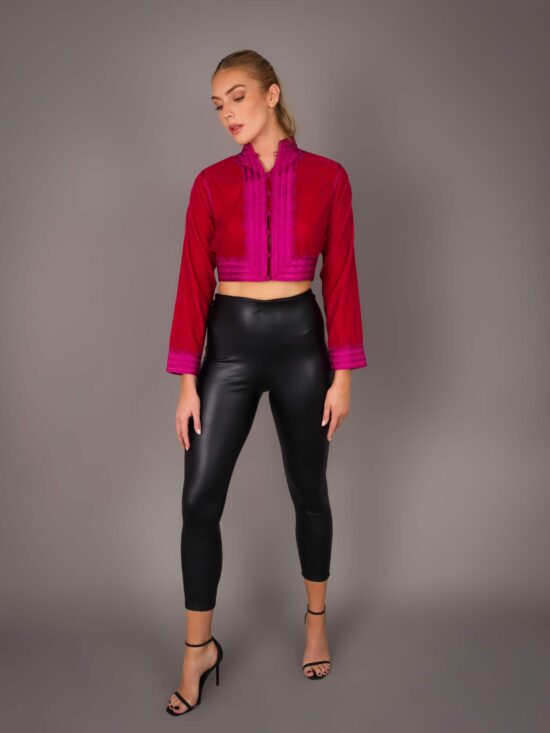 Boléro fait main en Velour et brodé en fil de soie - FUSHIA