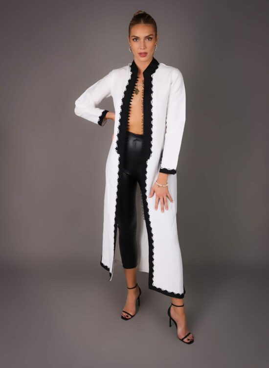 Caftan élégant en lin naturel - BLANC/NOIR