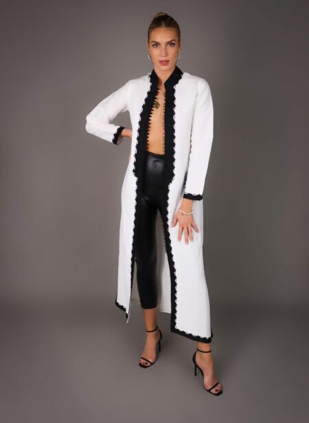 Caftan élégant en lin naturel - BLANC/NOIR