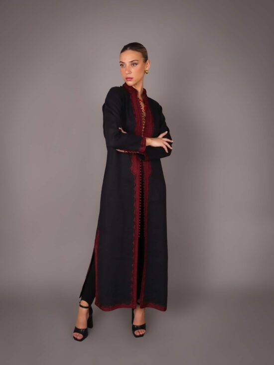 Caftan élégant en lin naturel - NOIR/BORDEAUX