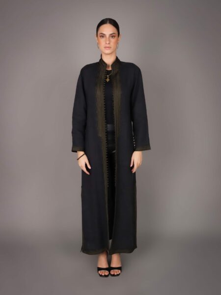 Elegant caftan in natural linen - BLACK/GREEN