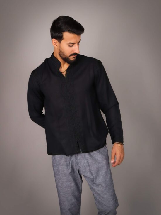 Shirt in White Linen with Handmade Moroccan Embroidery BLACK