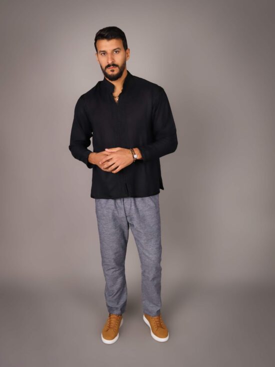 Chemise en lin exquise avec broderie marocaine entièrement faite à la main - NOIR