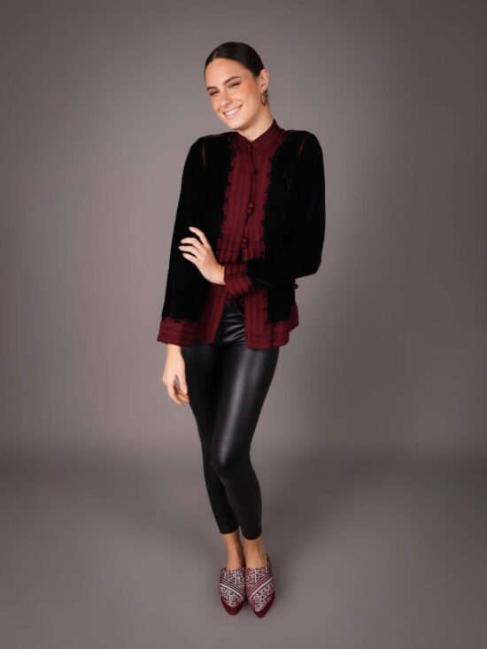 Jacket faite main en Velour et brodé en fil de soie - BORDEAUX