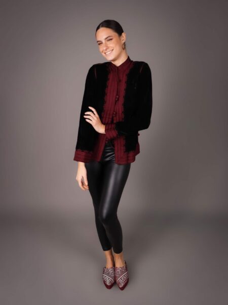 Jacket faite main en Velour et brodé en fil de soie - BORDEAUX
