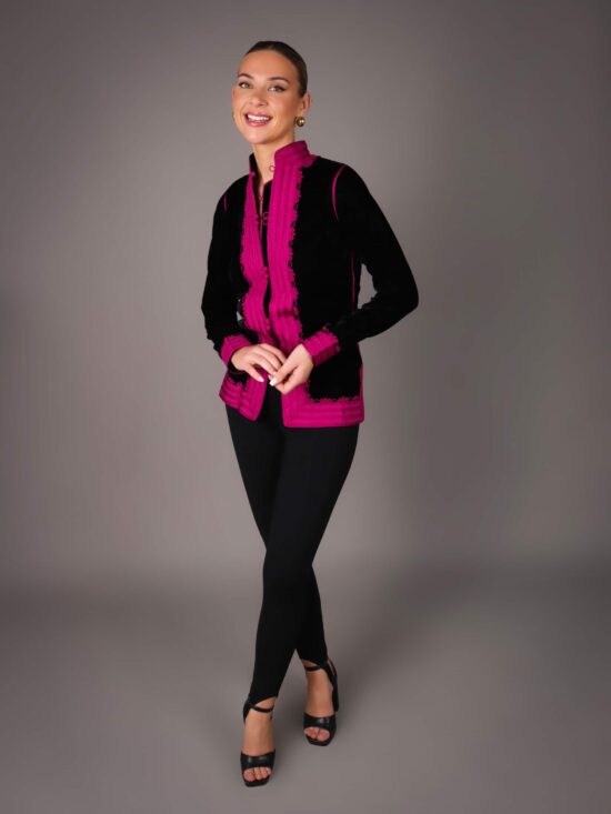 Jacket faite main en Velour et brodé en fil de soie - FUSHIA