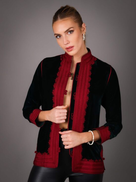 Jacket faite main en Velour et brodé en fil de soie - ROUGE