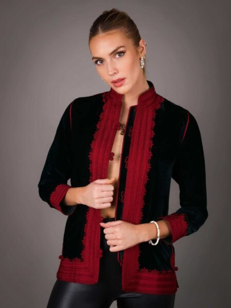 Jacket faite main en Velour et brodé en fil de soie - ROUGE