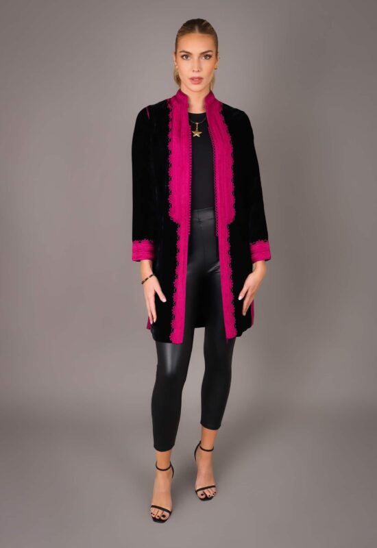 Tunique faite main en Velour et brodé en fil de soie - FUSHIA