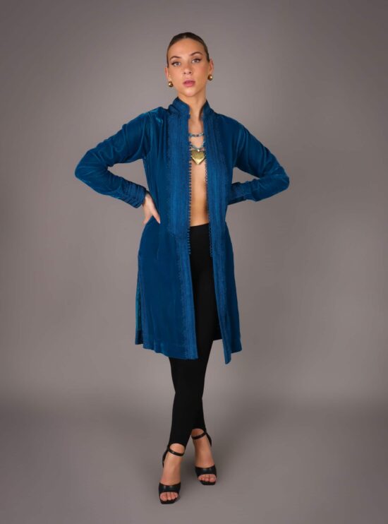 Tunique faite main en Velour et brodé en fil de soie - Turquoise
