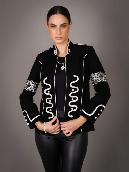 Veste en cachemire pour femme avec broderie marocaine artisanale - NOIR/BLNAC