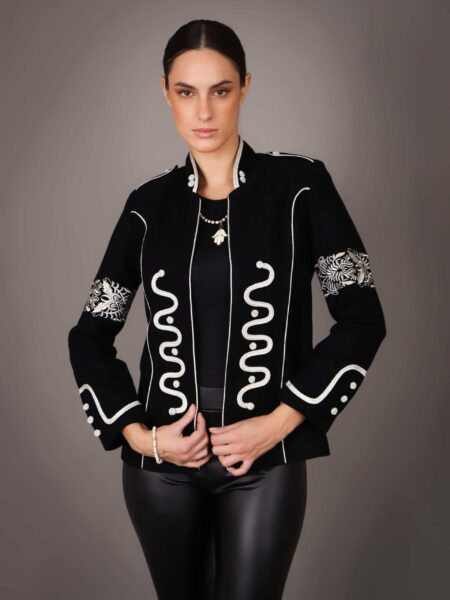 Veste en cachemire pour femme avec broderie marocaine artisanale - NOIR/BLNAC