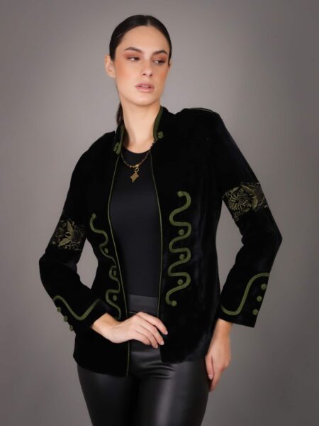 Veste en cachemire pour femme avec broderie marocaine artisanale - NOIR/VERT