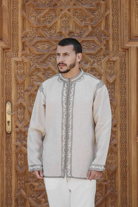Embroidered Linen Shirt with Elegant Finishes - BEIGE