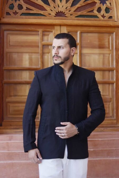 Veste saharienne en lin brodé, chic et léger - NOIR