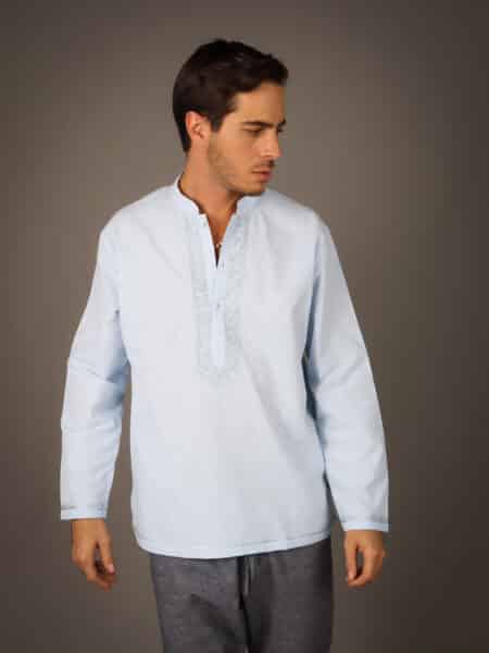 Exquisite linen shirt, beautifully adorned with handmade Moroccan embroidery
