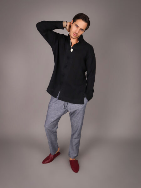 Men's linen shirt, a subtle fusion of Moroccan charm and Japanese elegance - BLACK